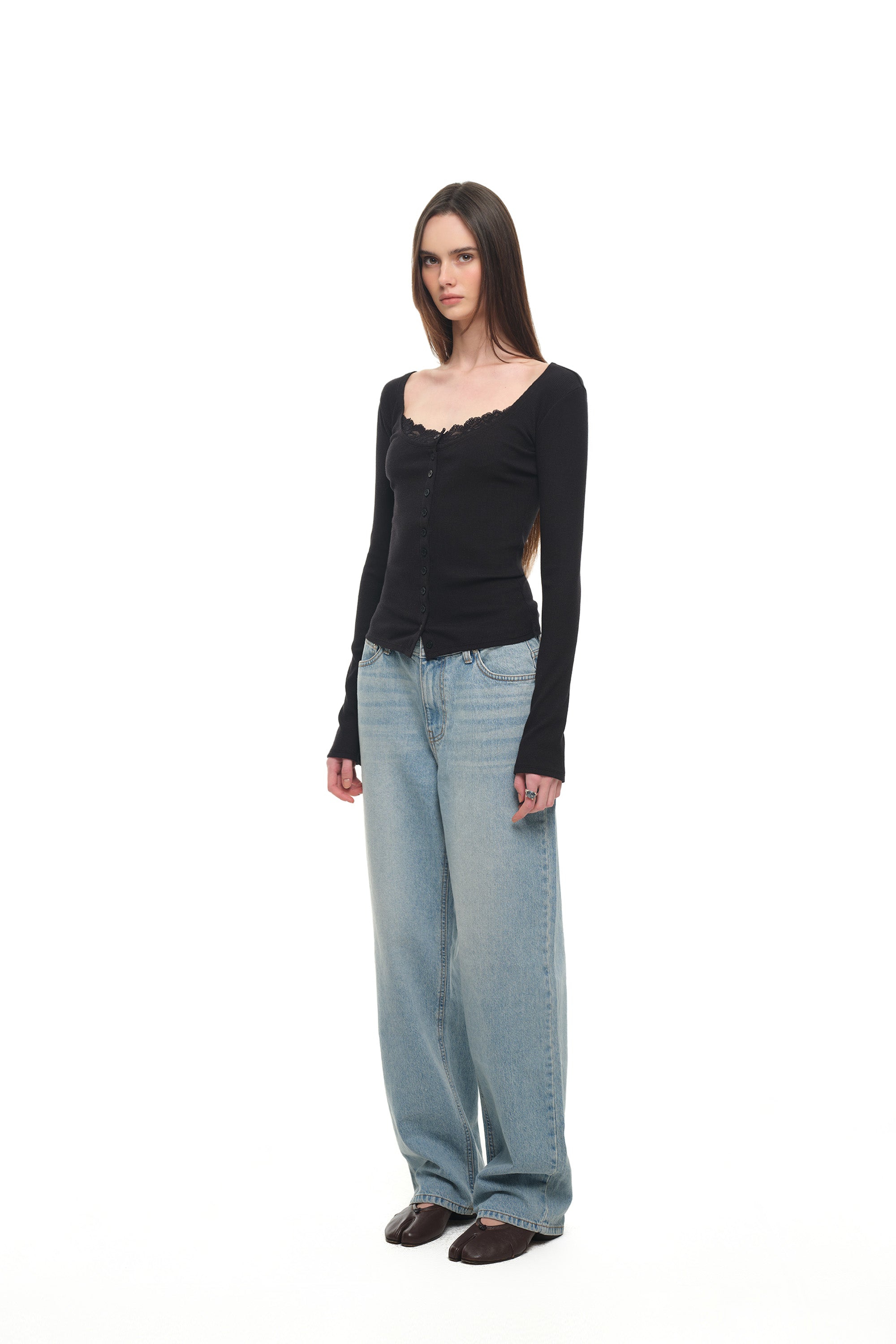SCOOP NECK LACE TRIMMING CARDIGAN (BLACK)