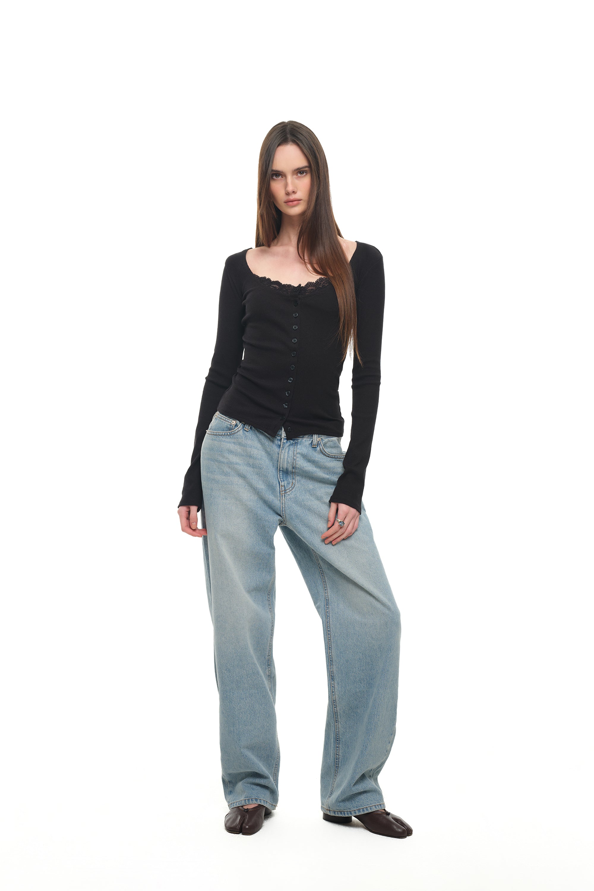 SCOOP NECK LACE TRIMMING CARDIGAN (BLACK)