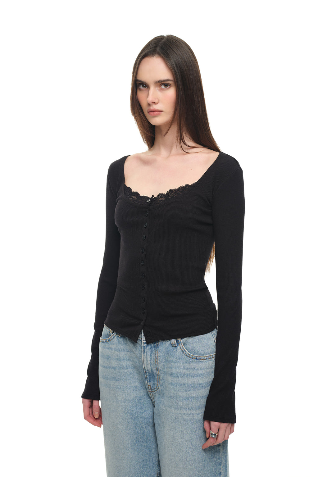 SCOOP NECK LACE TRIMMING CARDIGAN (BLACK)