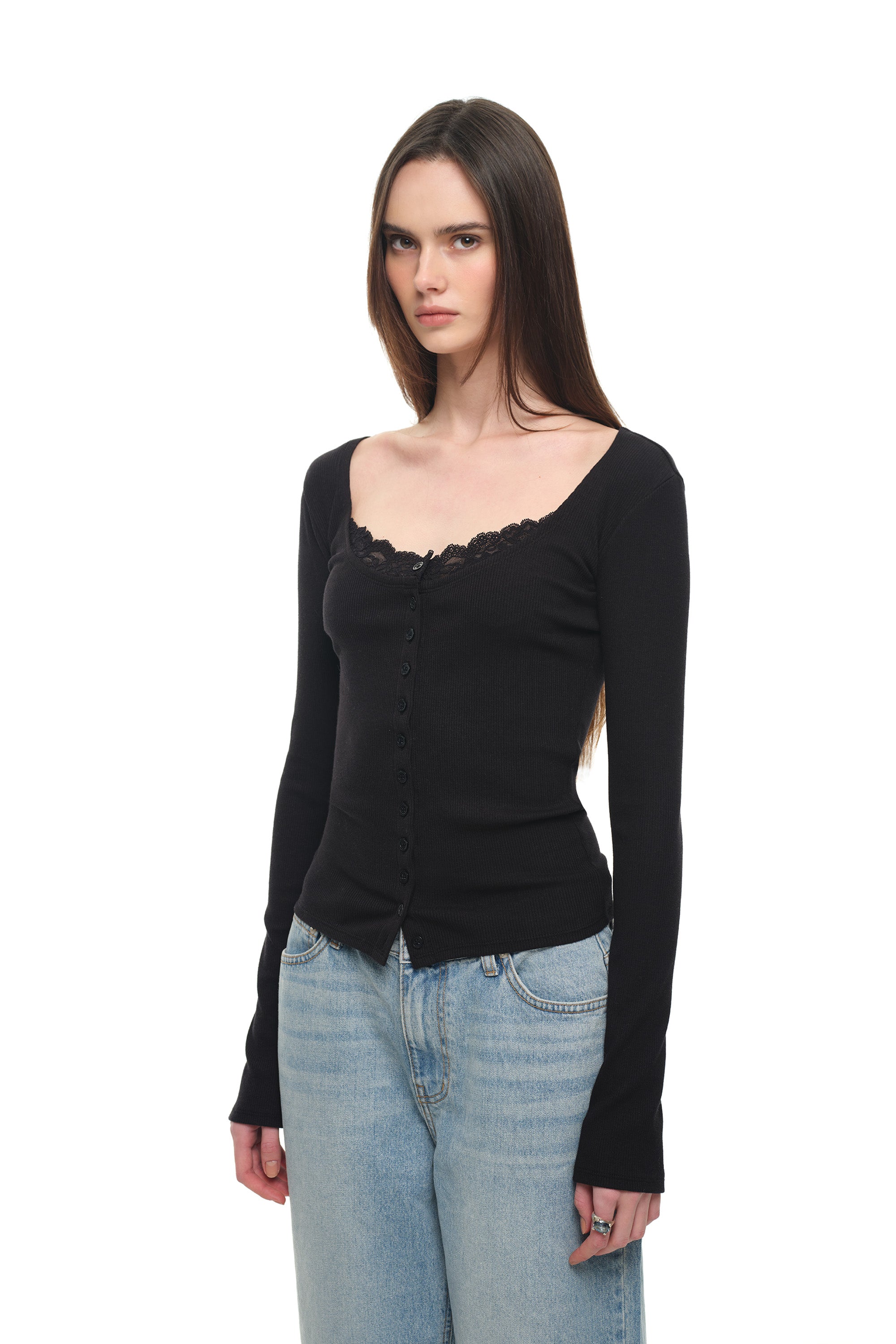 SCOOP NECK LACE TRIMMING CARDIGAN (BLACK)