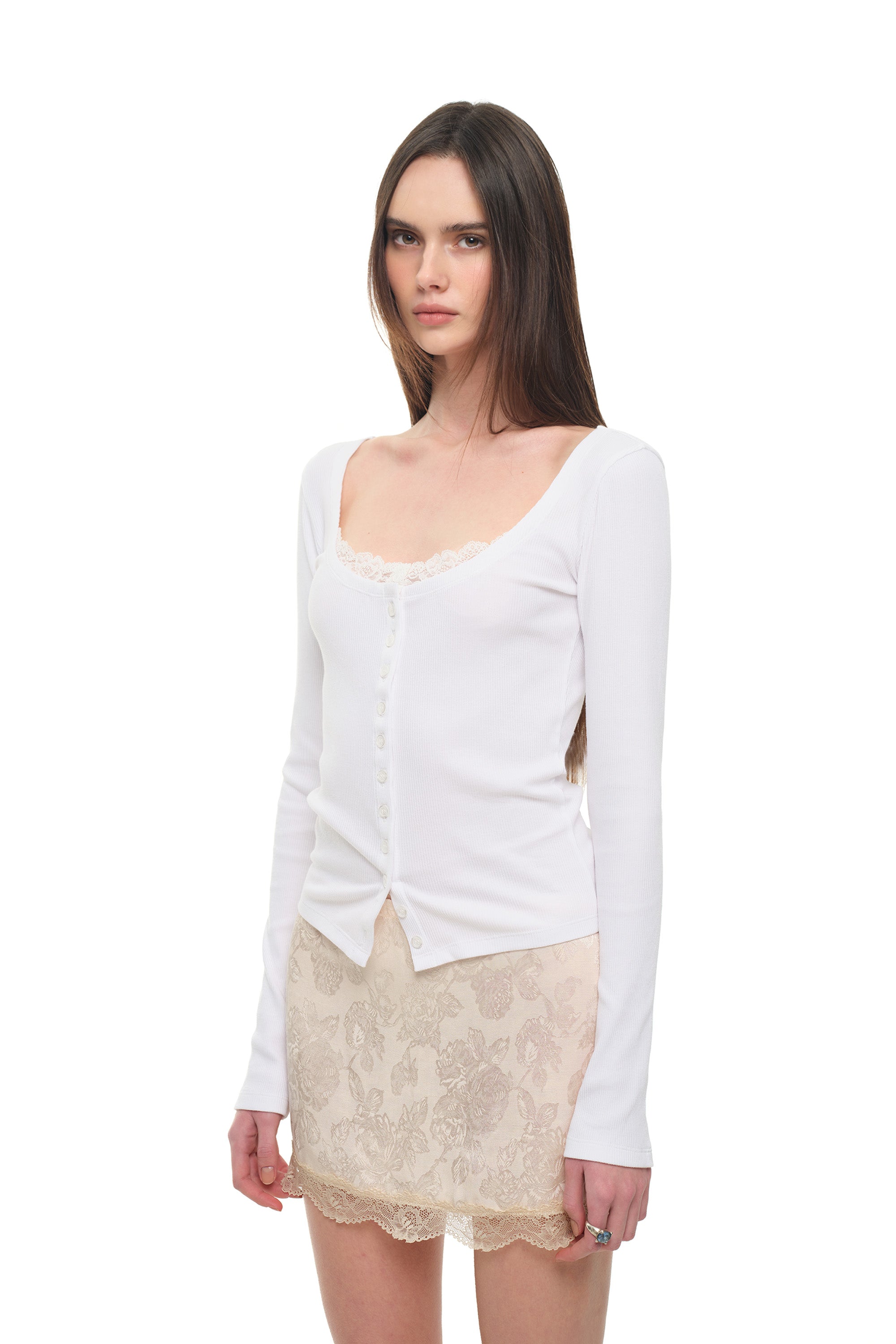SCOOP NECK LACE TRIMMING CARDIGAN (WHITE)