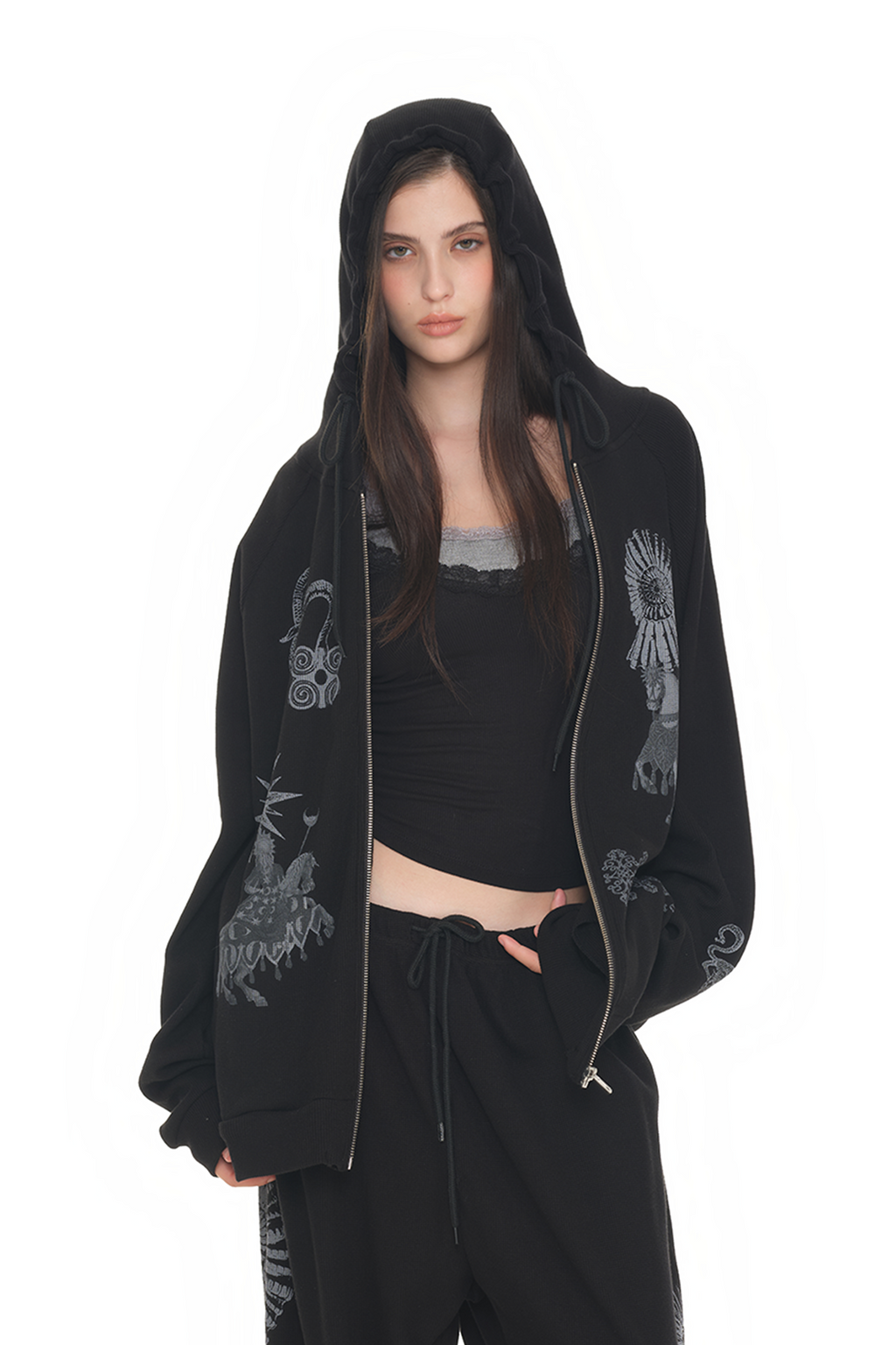 TAROT 02 WAFFLE ZIP-UP HOODIE (BLACK)