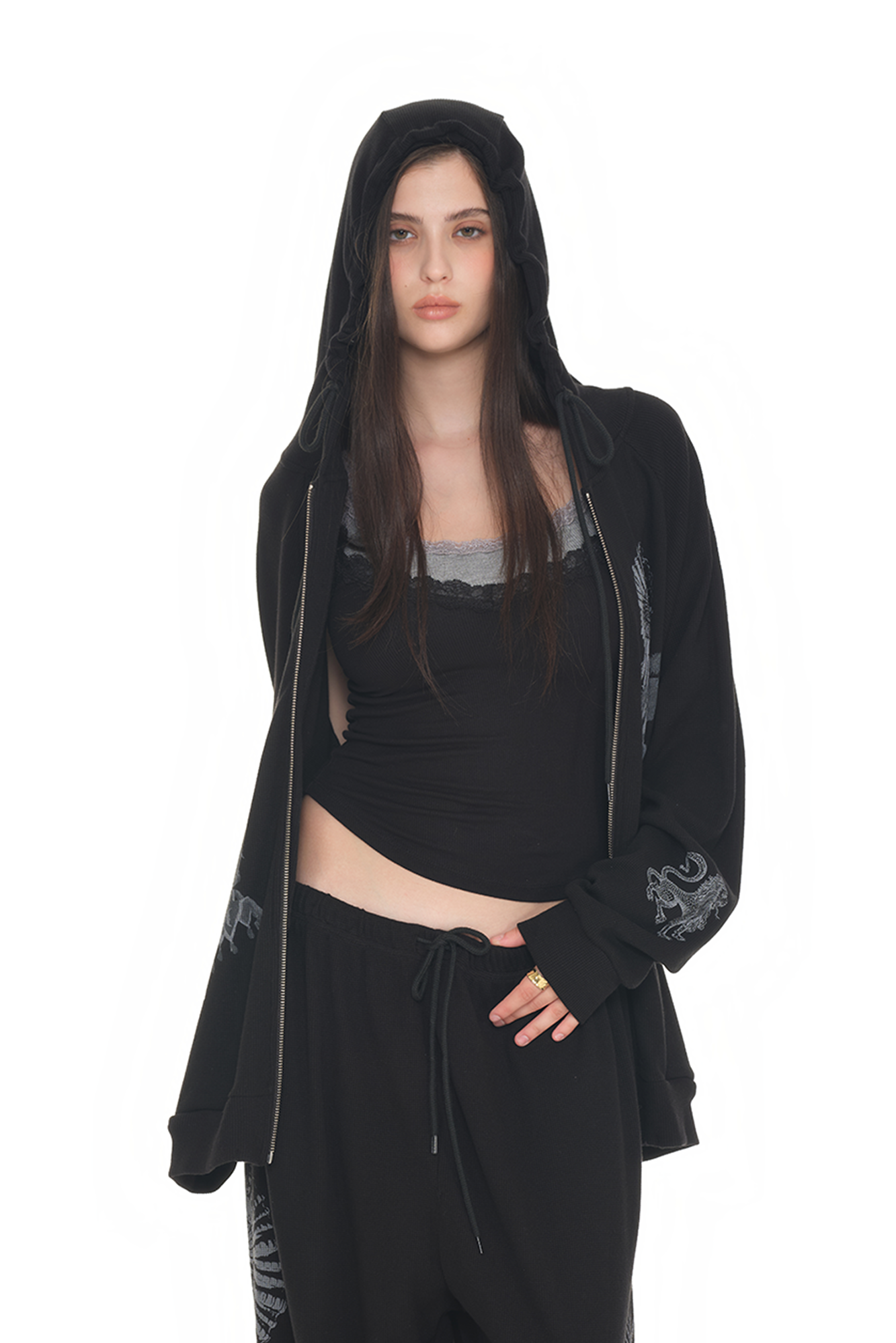 TAROT 02 WAFFLE ZIP-UP HOODIE (BLACK)