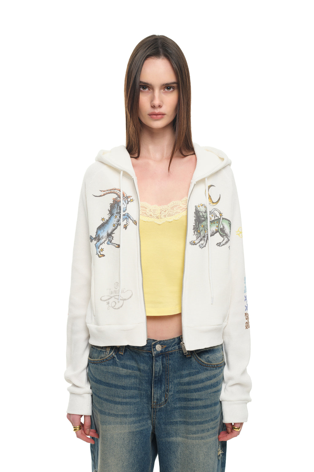 TWIN ZODIAC CROP WAFFLE ZIP-UP HOODIE (WHITE)