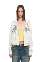 TWIN ZODIAC CROP WAFFLE ZIP-UP HOODIE (WHITE)
