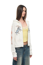 TWIN ZODIAC CROP WAFFLE ZIP-UP HOODIE (WHITE)