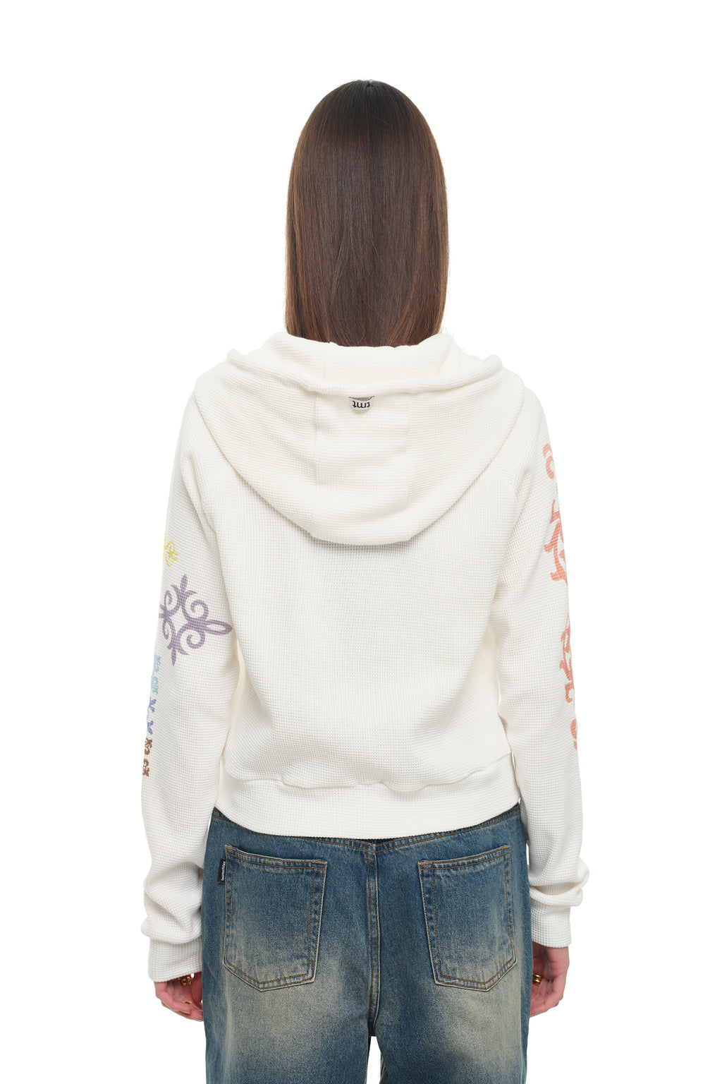 TWIN ZODIAC CROP WAFFLE ZIP-UP HOODIE (WHITE)