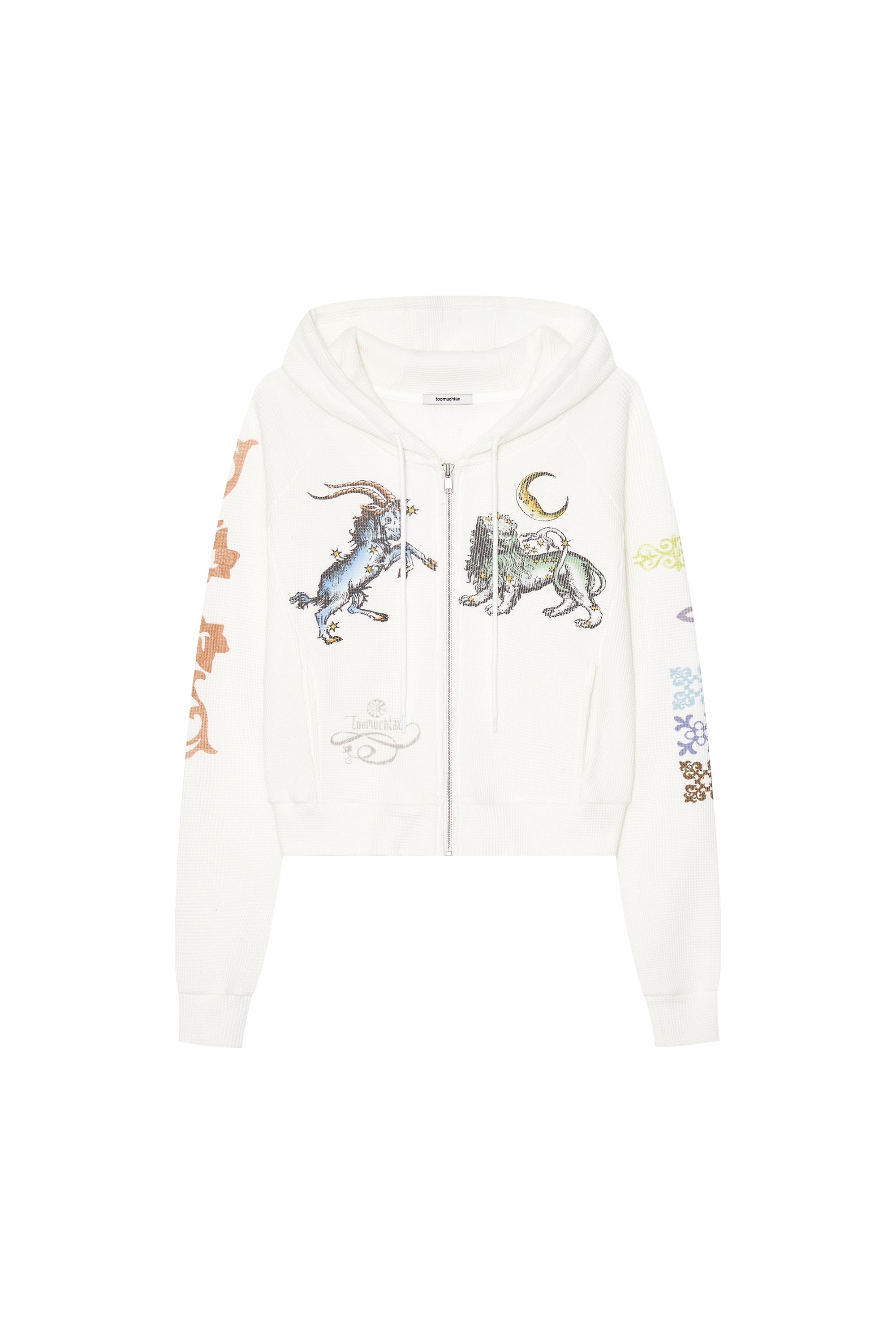 TWIN ZODIAC CROP WAFFLE ZIP-UP HOODIE (WHITE)