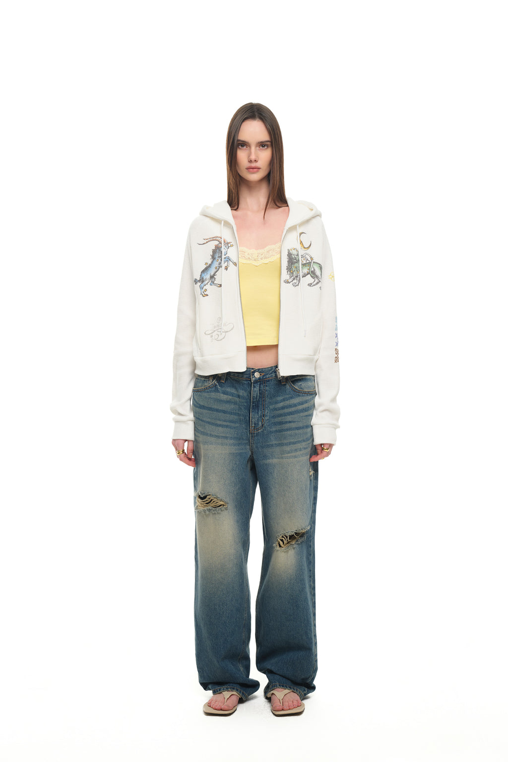 TWIN ZODIAC CROP WAFFLE ZIP-UP HOODIE (WHITE)
