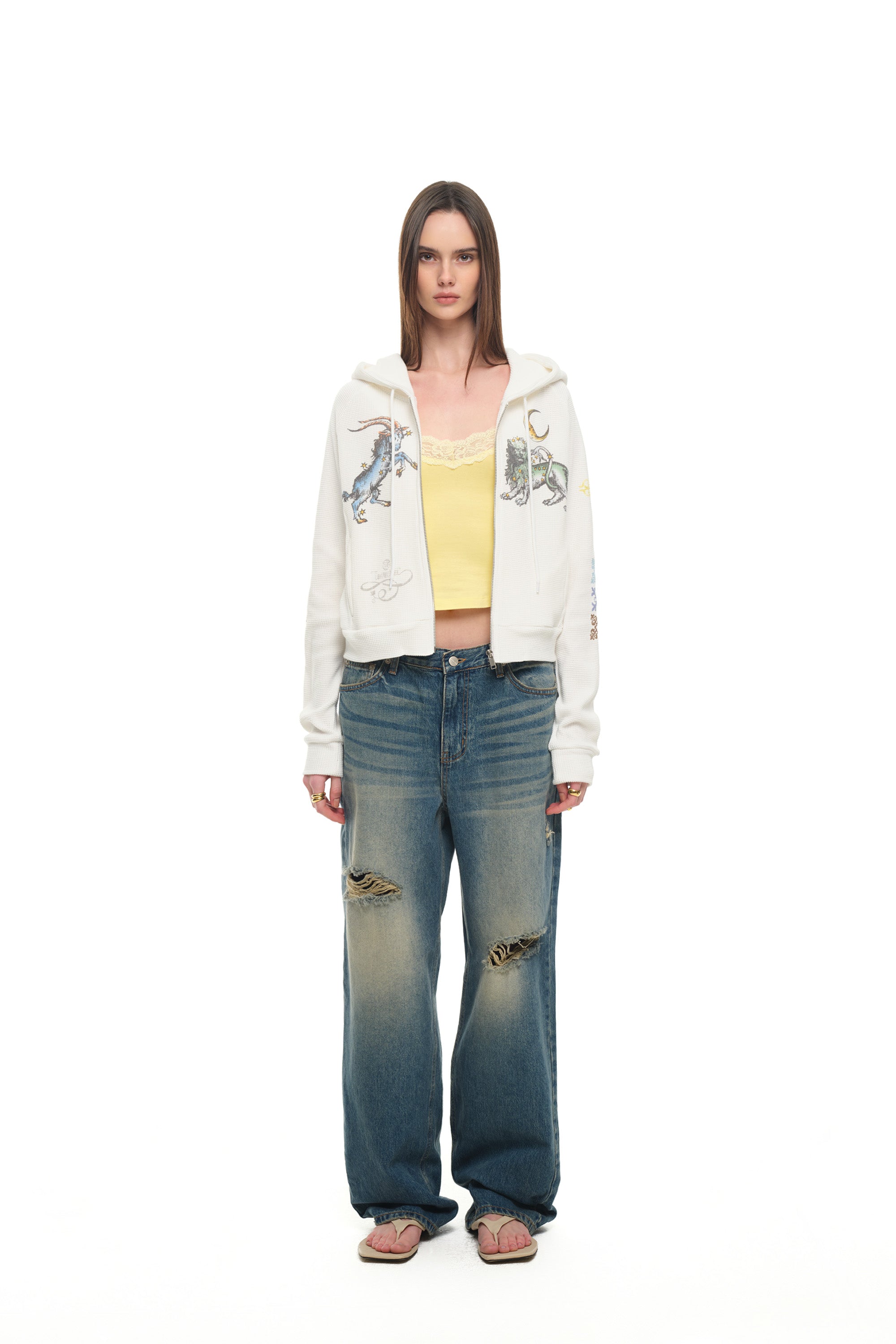 TWIN ZODIAC CROP WAFFLE ZIP-UP HOODIE (WHITE)