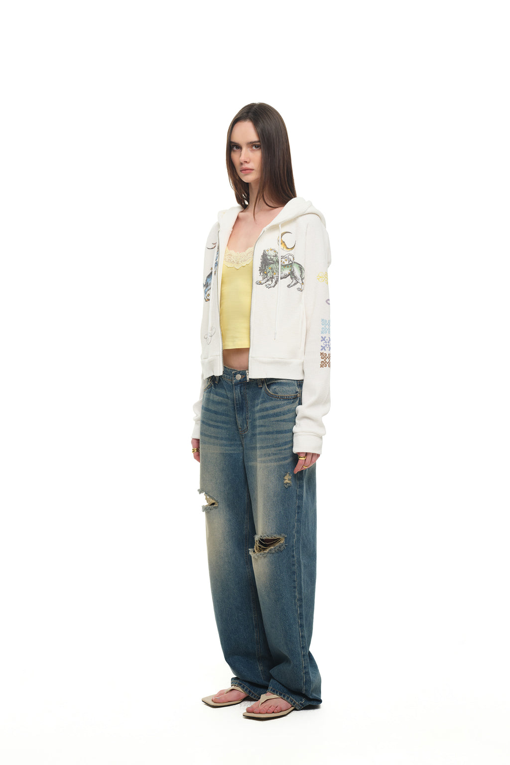 TWIN ZODIAC CROP WAFFLE ZIP-UP HOODIE (WHITE)