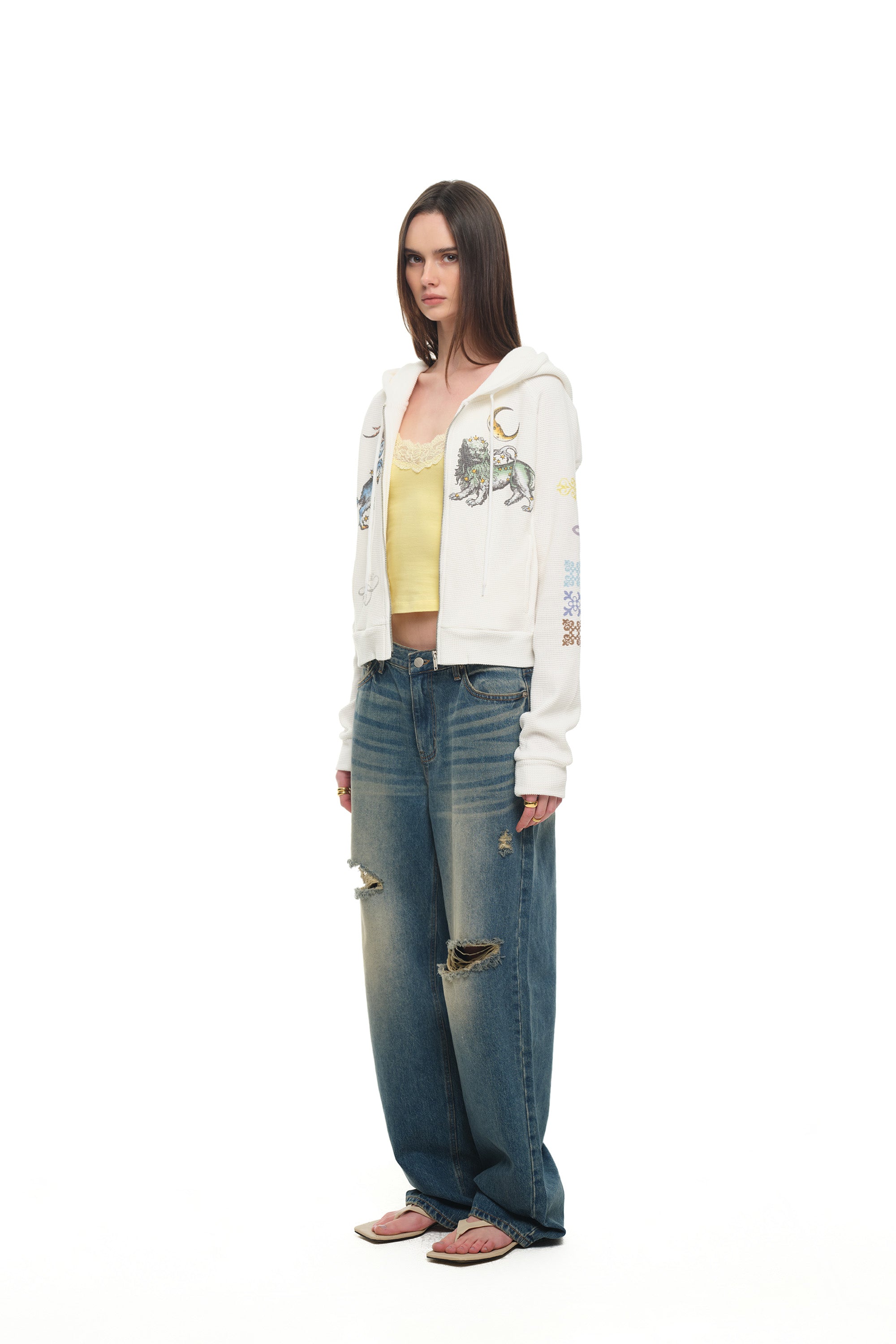 TWIN ZODIAC CROP WAFFLE ZIP-UP HOODIE (WHITE)