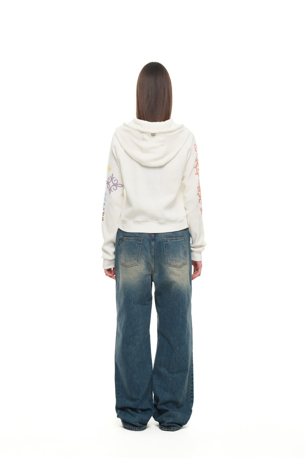 TWIN ZODIAC CROP WAFFLE ZIP-UP HOODIE (WHITE)
