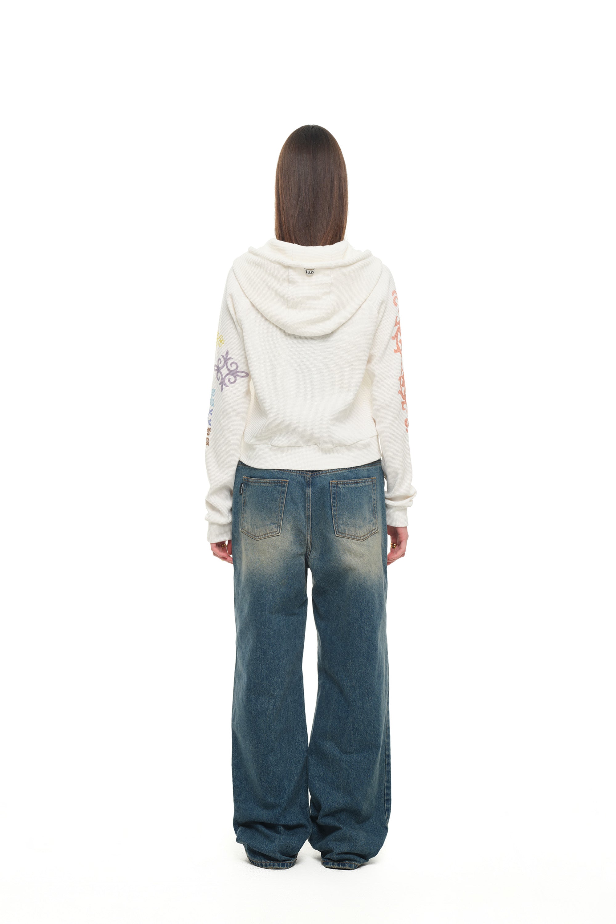 TWIN ZODIAC CROP WAFFLE ZIP-UP HOODIE (WHITE)