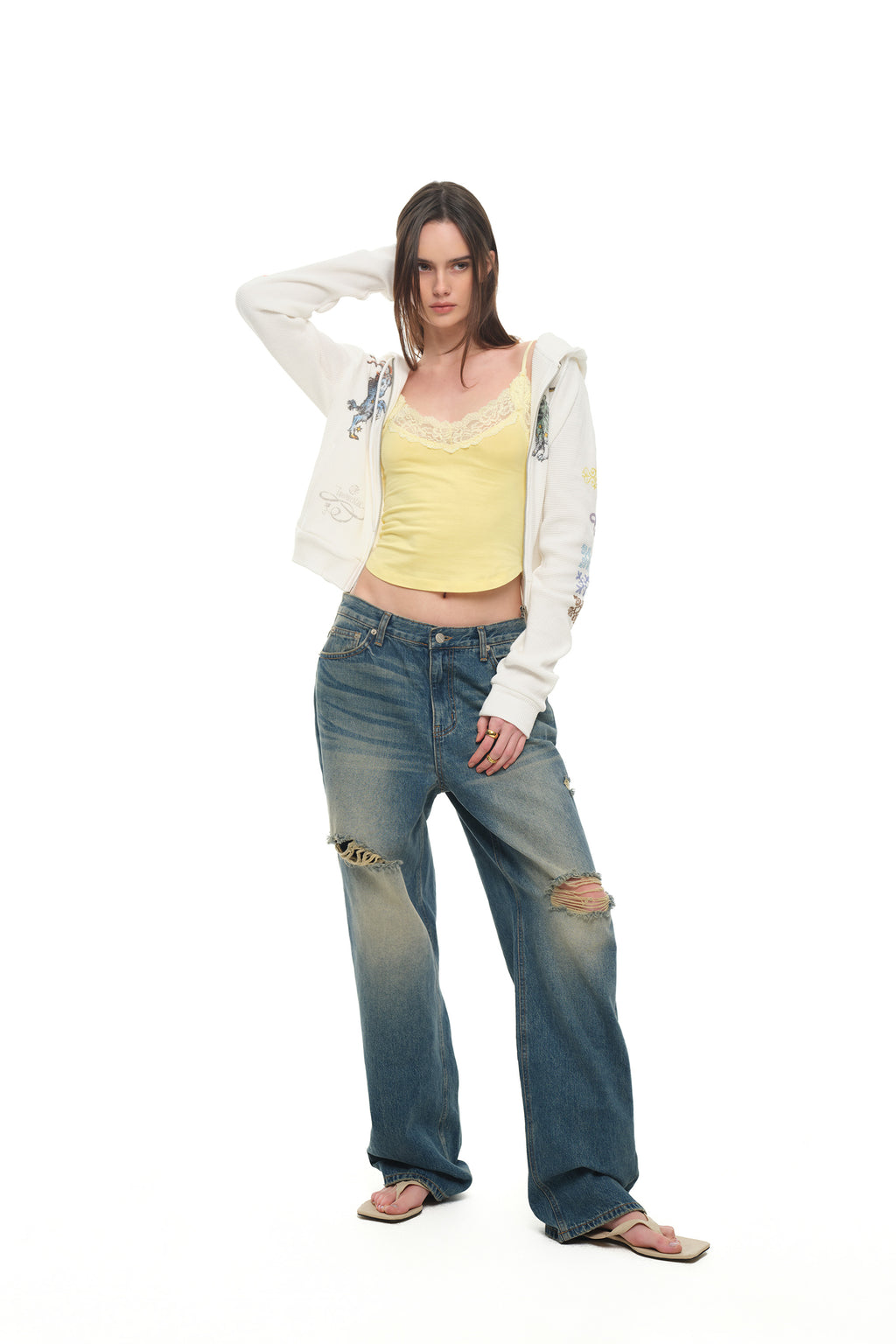 TWIN ZODIAC CROP WAFFLE ZIP-UP HOODIE (WHITE)