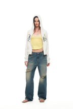 TWIN ZODIAC CROP WAFFLE ZIP-UP HOODIE (WHITE)