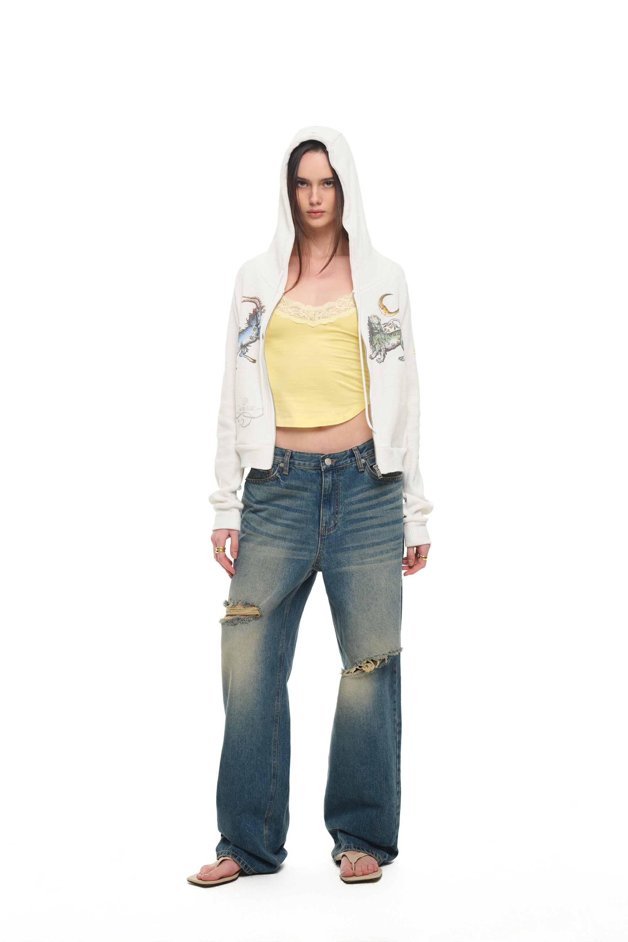 TWIN ZODIAC CROP WAFFLE ZIP-UP HOODIE (WHITE)