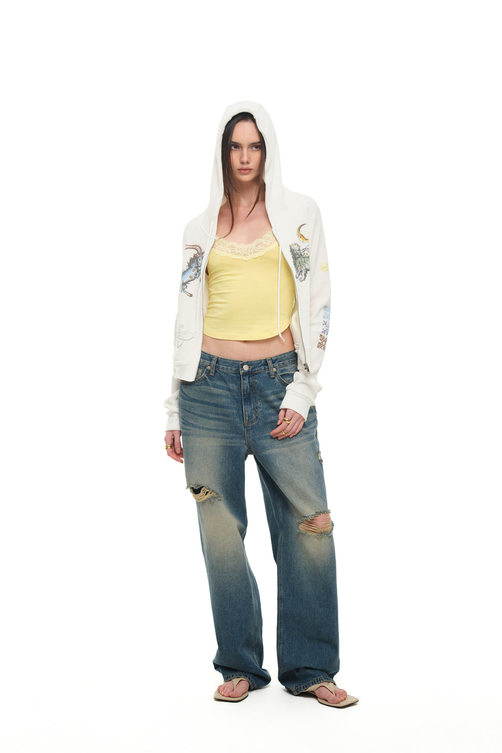 TWIN ZODIAC CROP WAFFLE ZIP-UP HOODIE (WHITE)