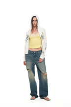 TWIN ZODIAC CROP WAFFLE ZIP-UP HOODIE (WHITE)
