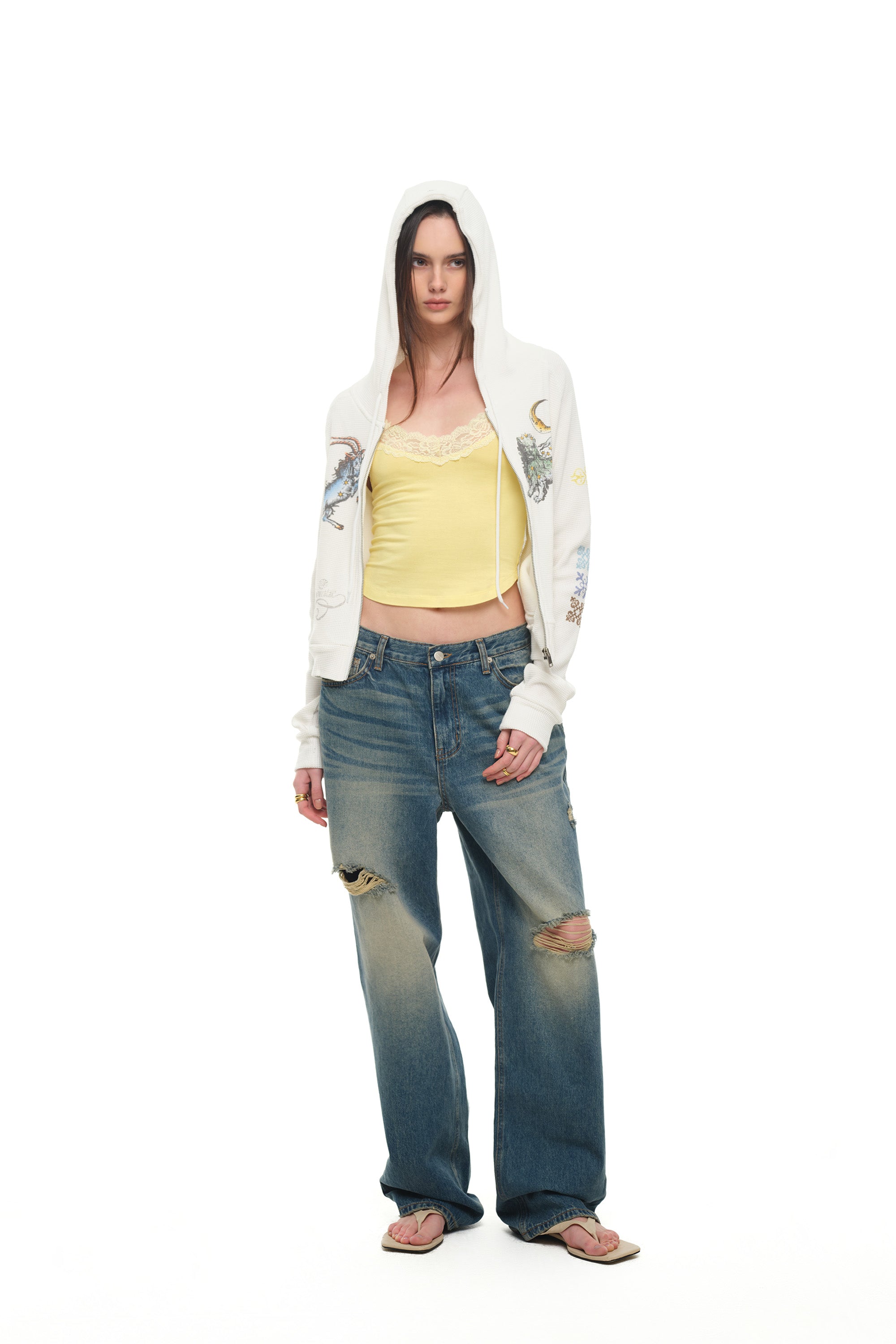TWIN ZODIAC CROP WAFFLE ZIP-UP HOODIE (WHITE)