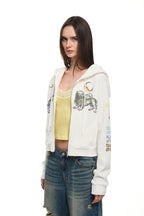 TWIN ZODIAC CROP WAFFLE ZIP-UP HOODIE (WHITE)