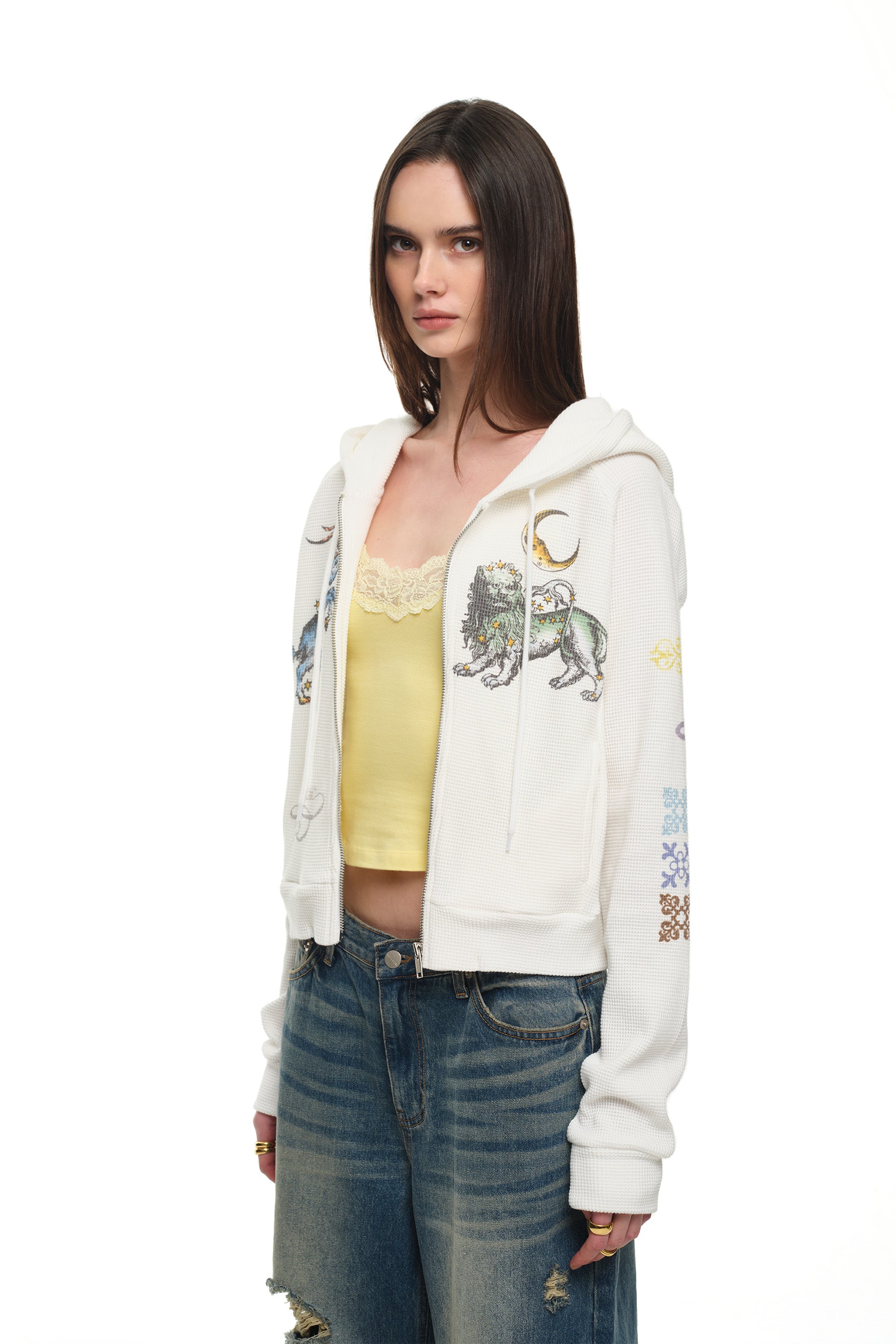 TWIN ZODIAC CROP WAFFLE ZIP-UP HOODIE (WHITE)