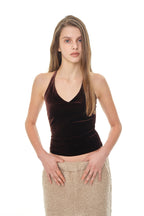 VELOUR HALTER TANK TOP (DARK BROWN)