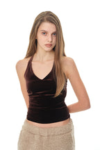 VELOUR HALTER TANK TOP (DARK BROWN)