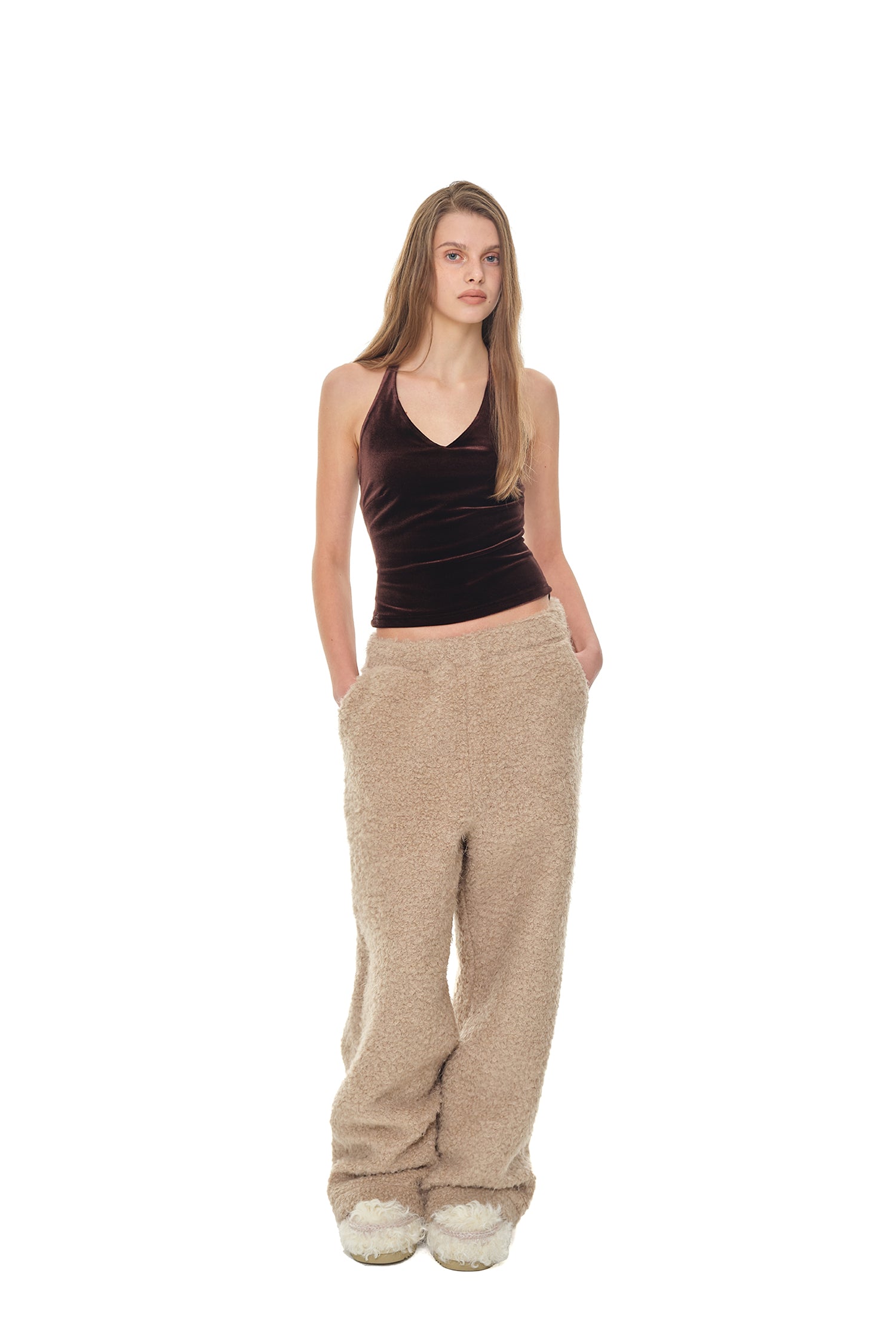 VELOUR HALTER TANK TOP (DARK BROWN)