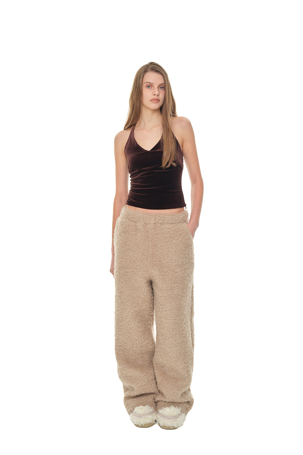 VELOUR HALTER TANK TOP (DARK BROWN)