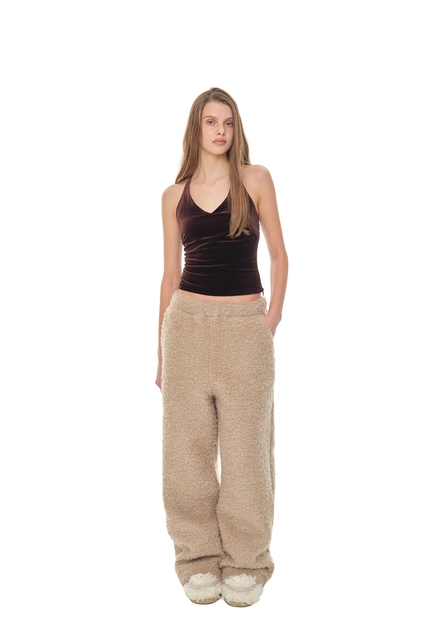 VELOUR HALTER TANK TOP (DARK BROWN)