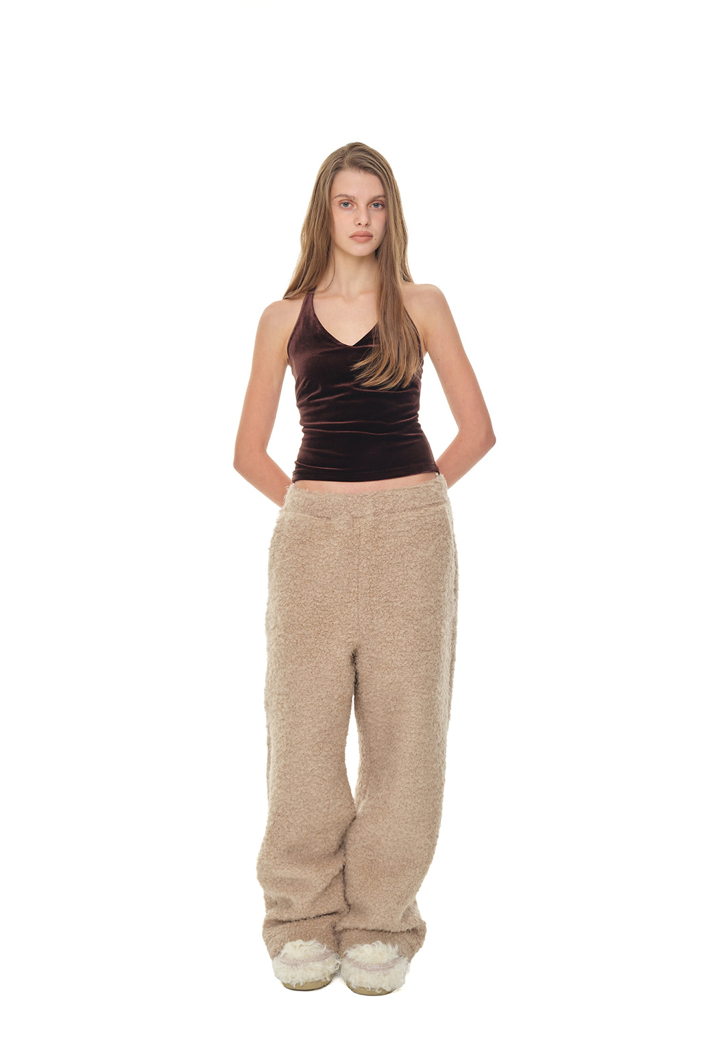 VELOUR HALTER TANK TOP (DARK BROWN)