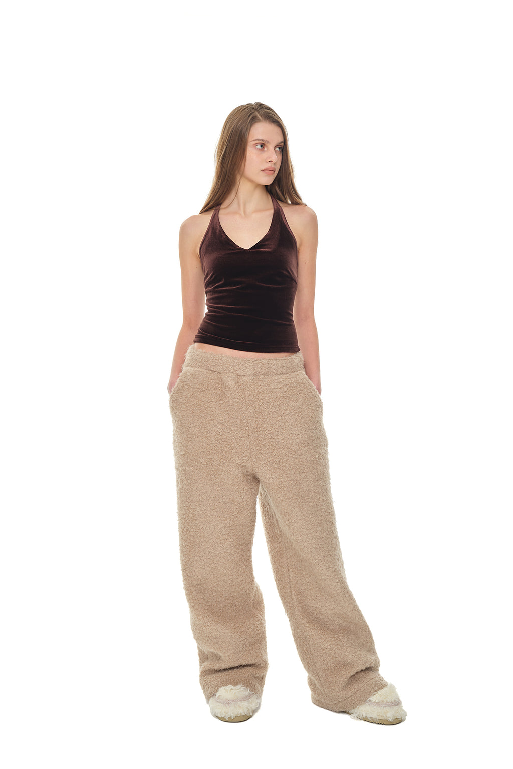 VELOUR HALTER TANK TOP (DARK BROWN)