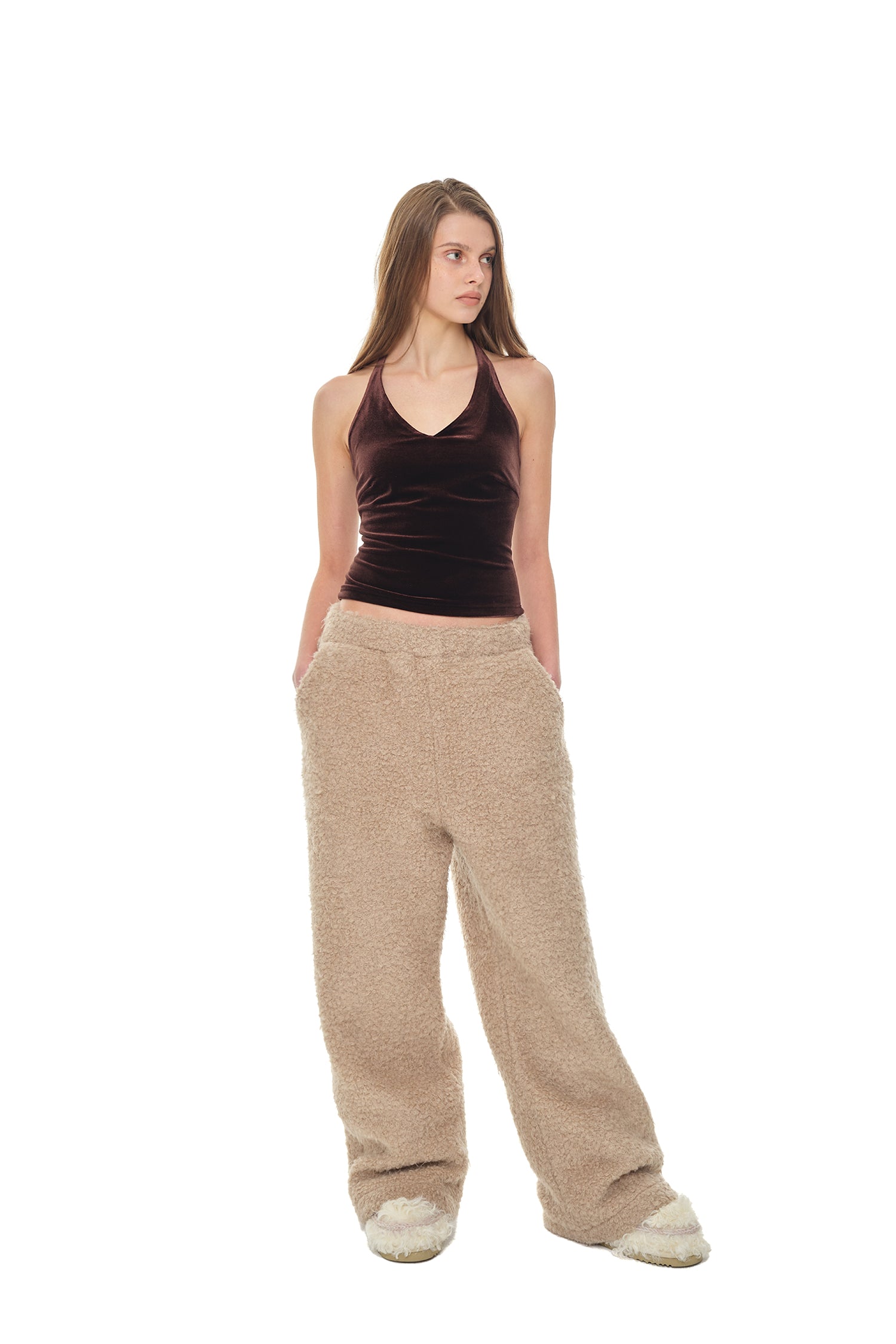 VELOUR HALTER TANK TOP (DARK BROWN)