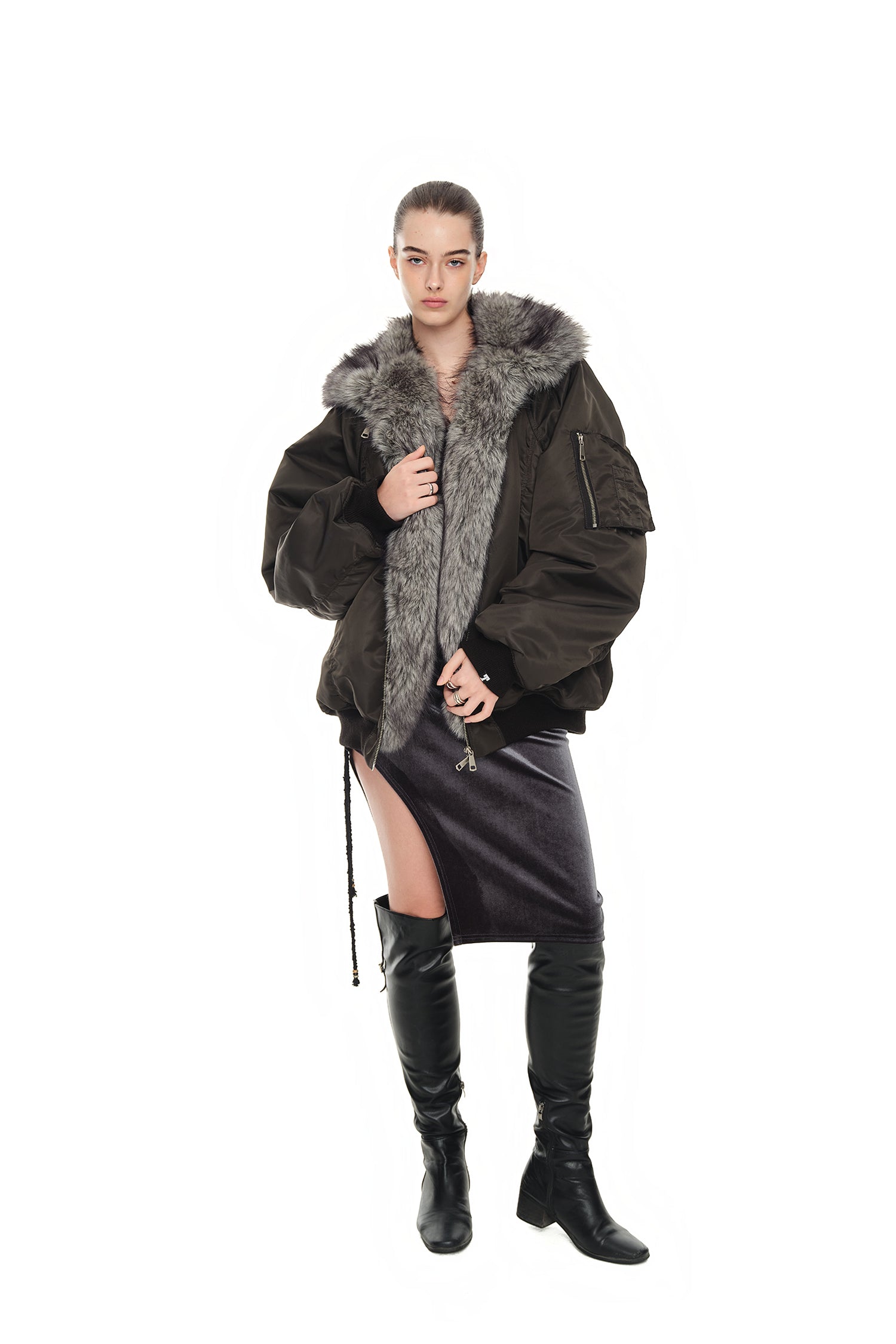 VELOUR MIDI SKIRT (CHARCOAL)