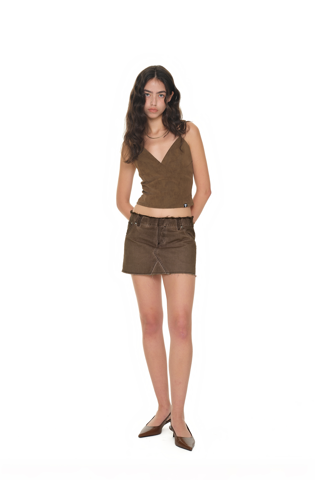 WASHED CUT-OFF MINI SKIRT (BROWN)