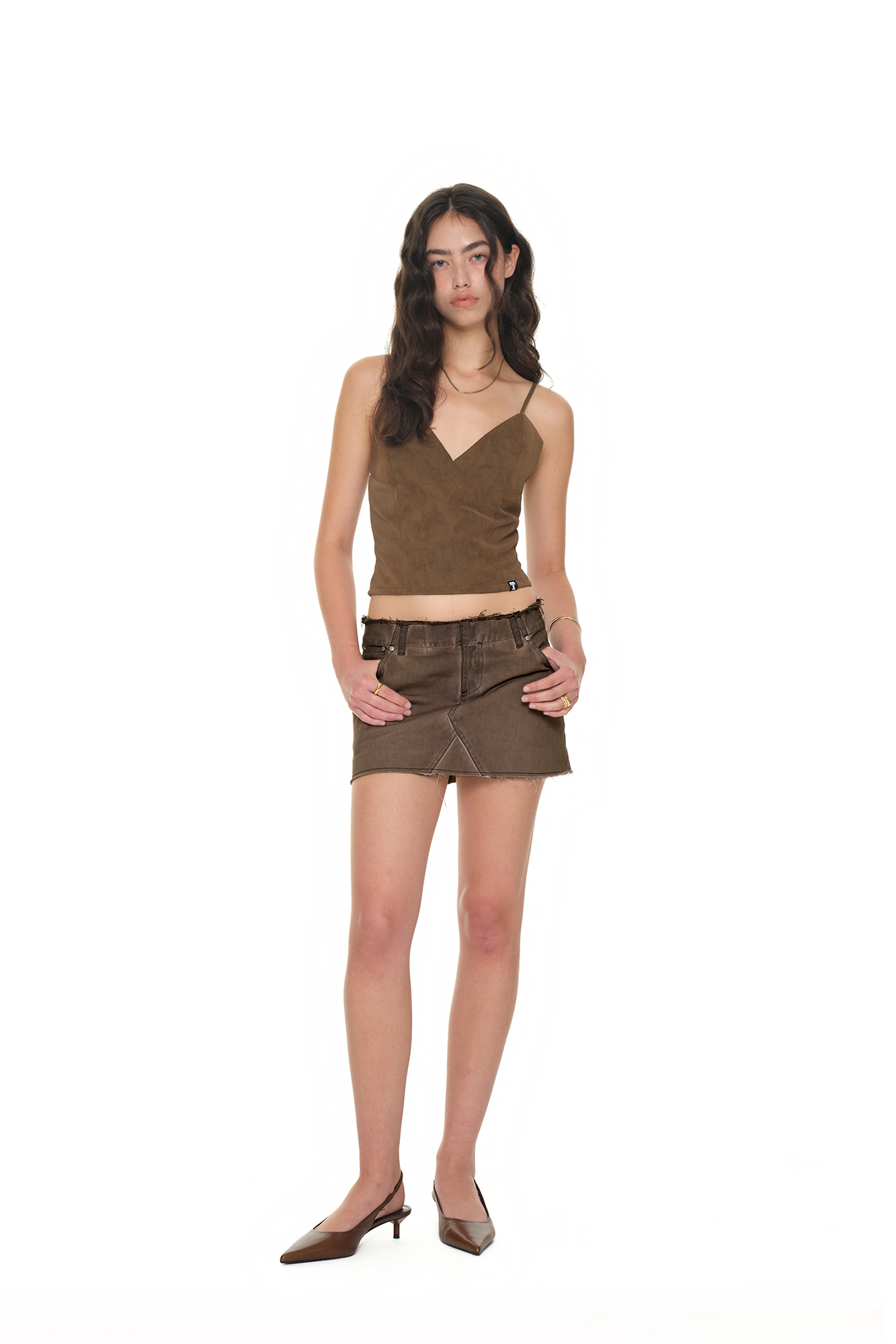 WASHED CUT-OFF MINI SKIRT (BROWN)