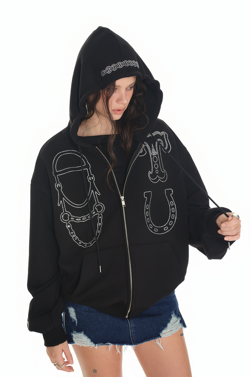 WESTERN HOTFIX ZIP-UP HOODIE (BLACK)