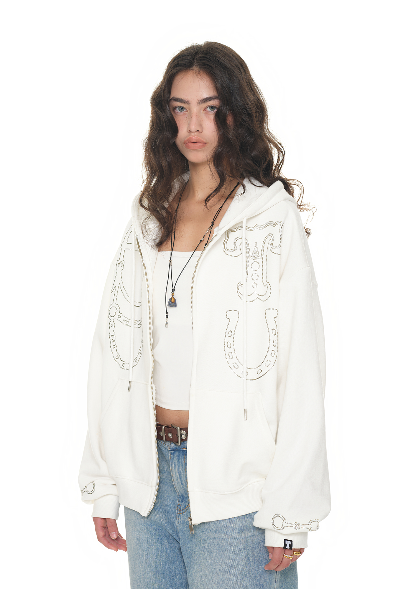 WESTERN HOTFIX ZIP-UP HOODIE (WHITE)