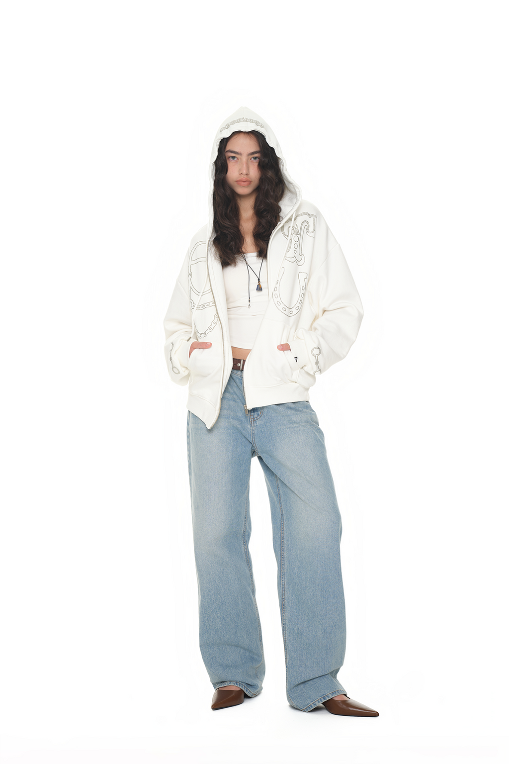WESTERN HOTFIX ZIP-UP HOODIE (WHITE)