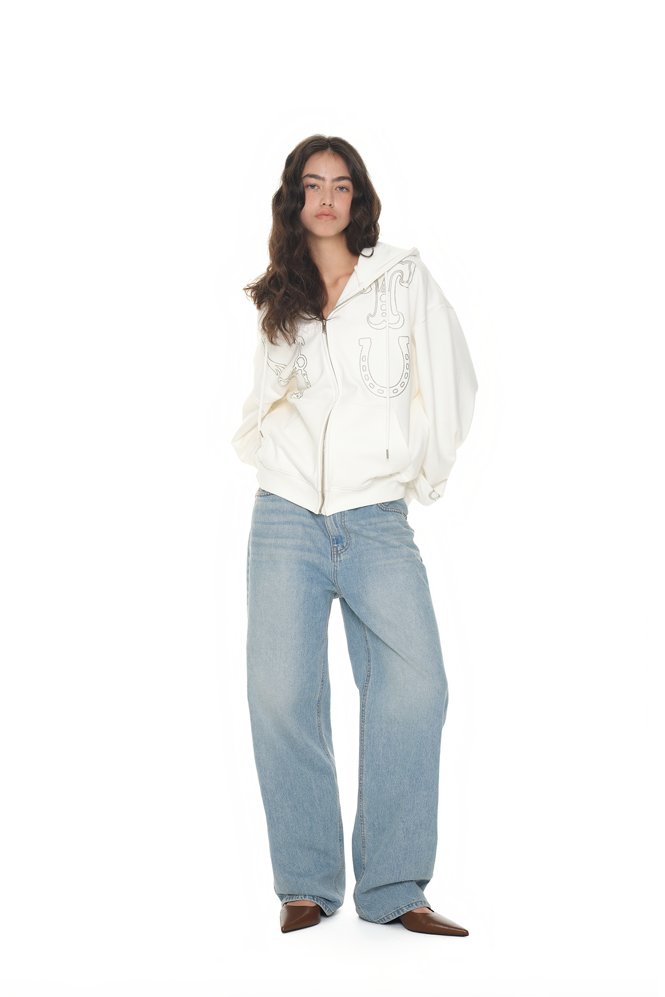 WESTERN HOTFIX ZIP-UP HOODIE (WHITE)