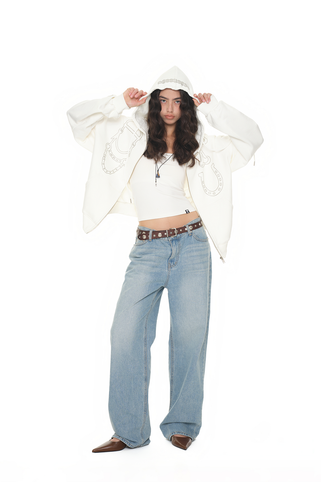 WESTERN HOTFIX ZIP-UP HOODIE (WHITE)