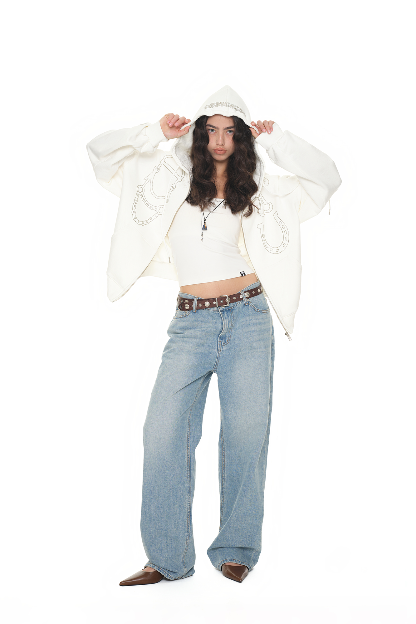 WESTERN HOTFIX ZIP-UP HOODIE (WHITE)