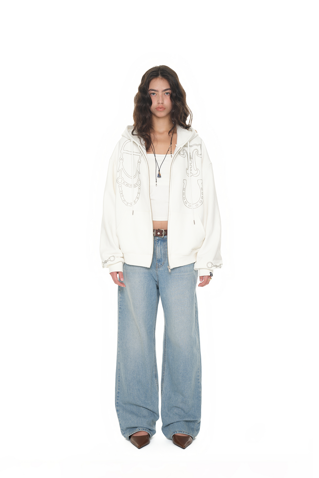 WESTERN HOTFIX ZIP-UP HOODIE (WHITE)