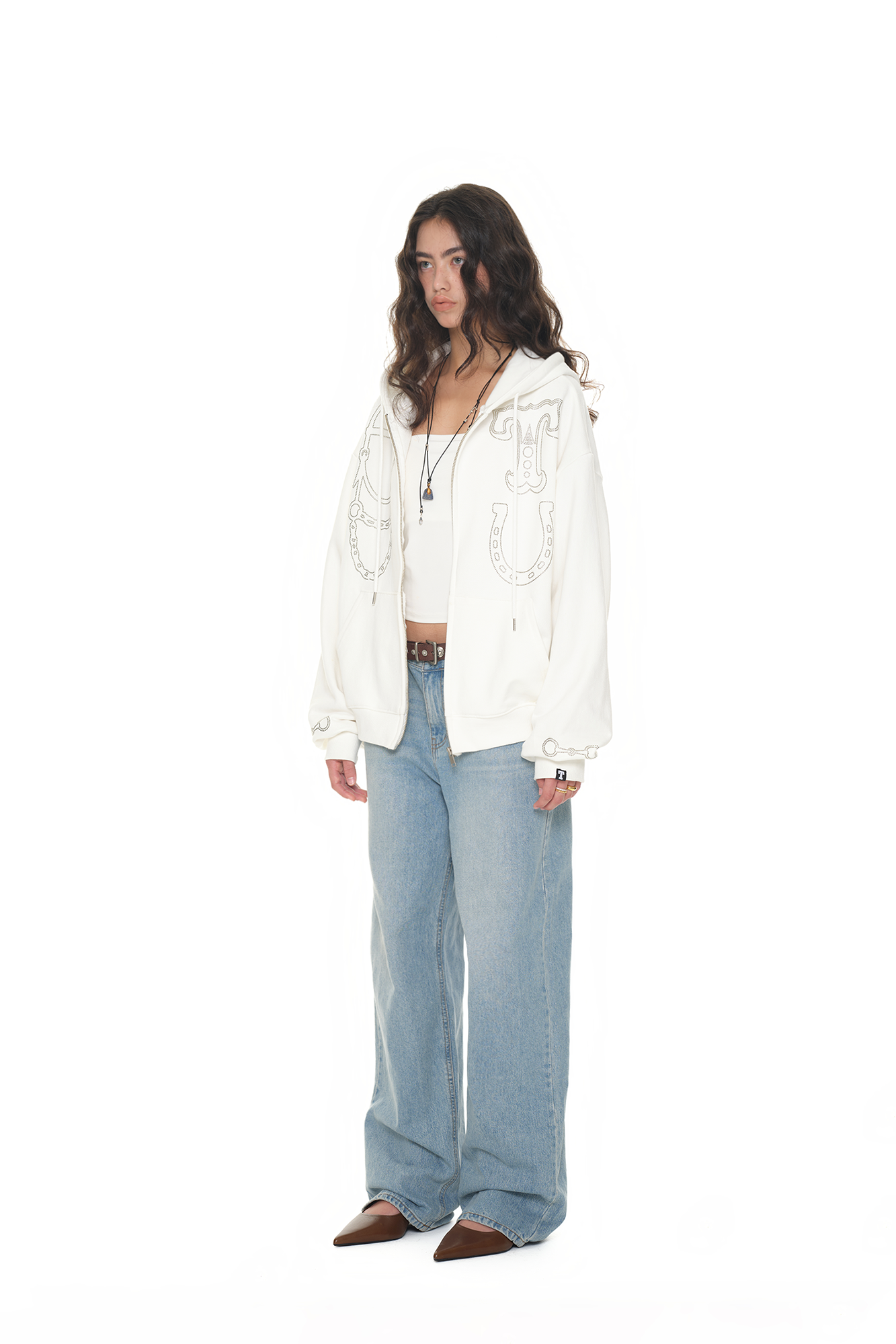 WESTERN HOTFIX ZIP-UP HOODIE (WHITE)