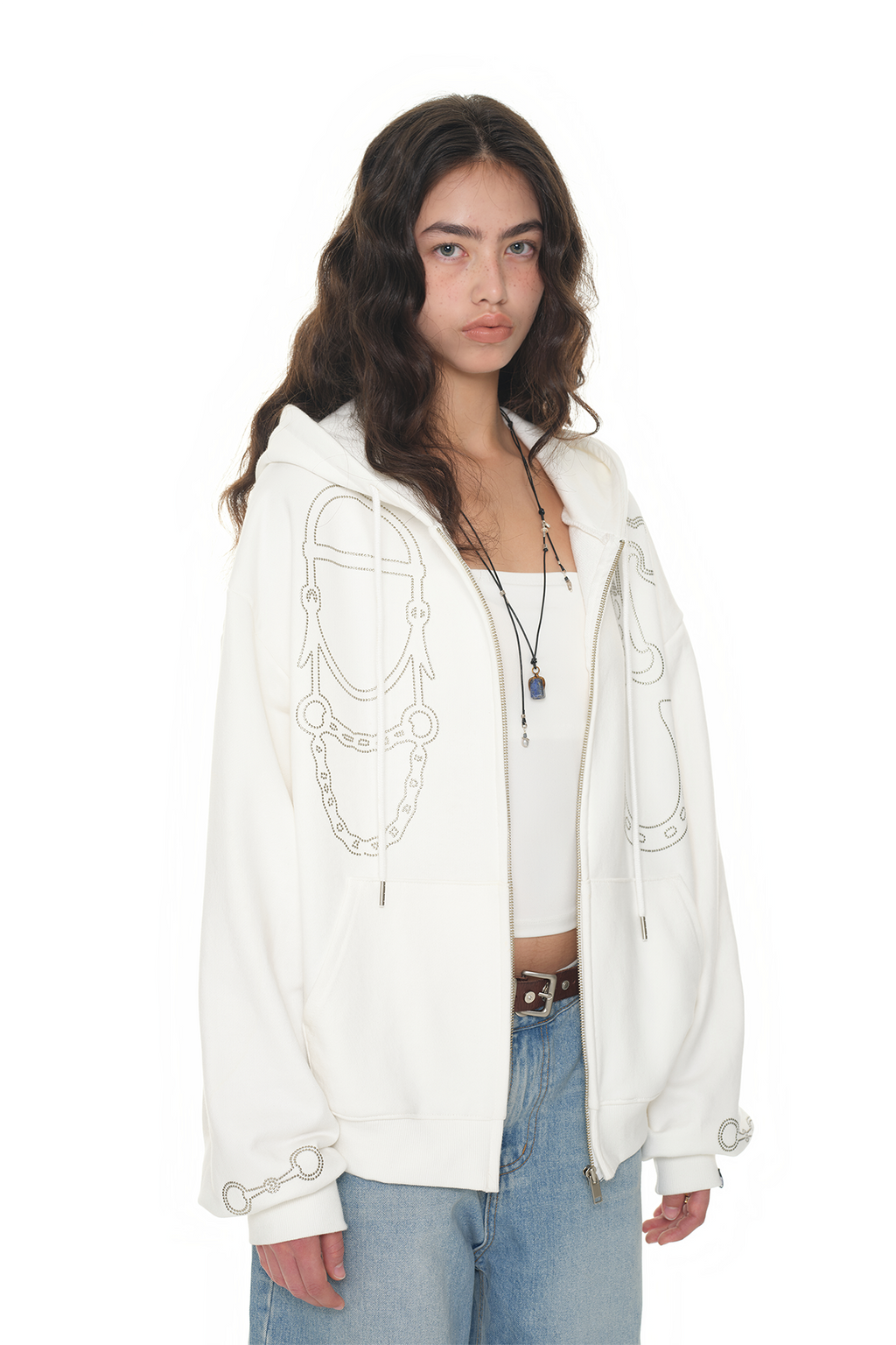 WESTERN HOTFIX ZIP-UP HOODIE (WHITE)