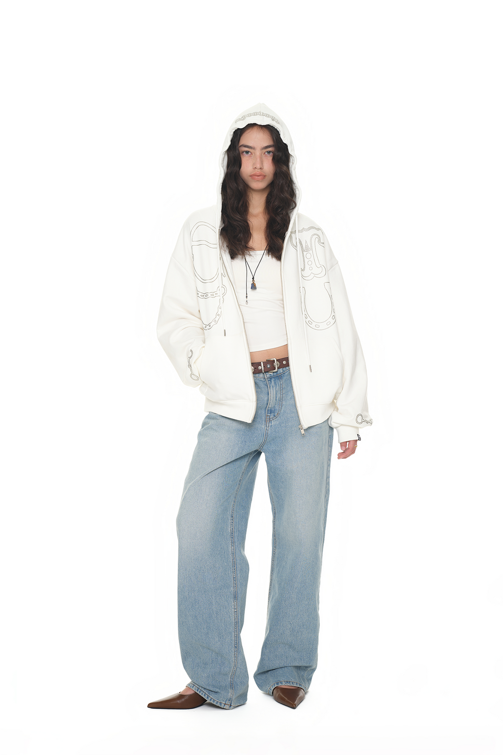 WESTERN HOTFIX ZIP-UP HOODIE (WHITE)
