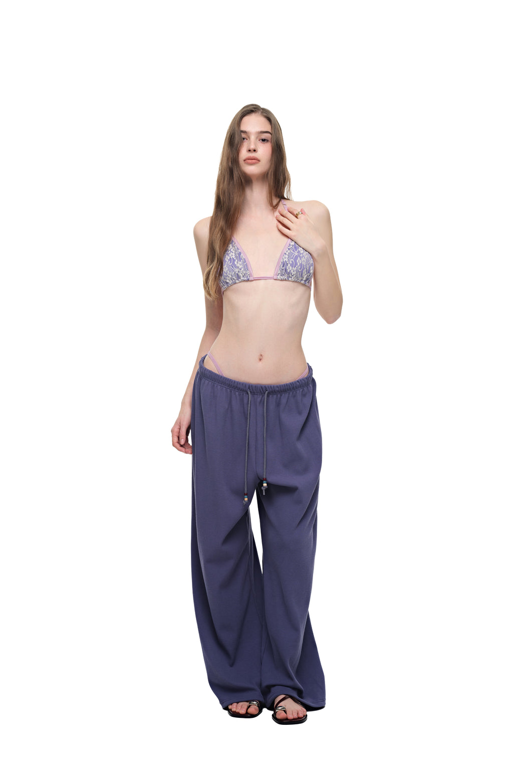 WOOD BEAD WAFFLE PANTS (BLUE)