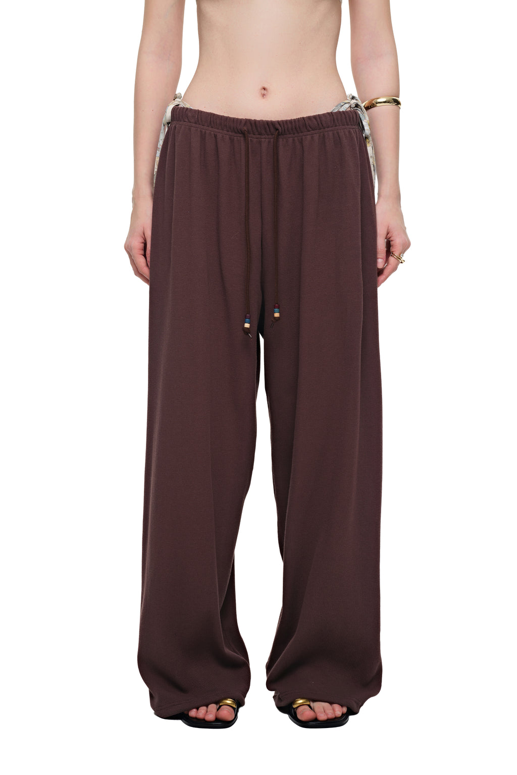 WOOD BEAD WAFFLE PANTS (BROWN)