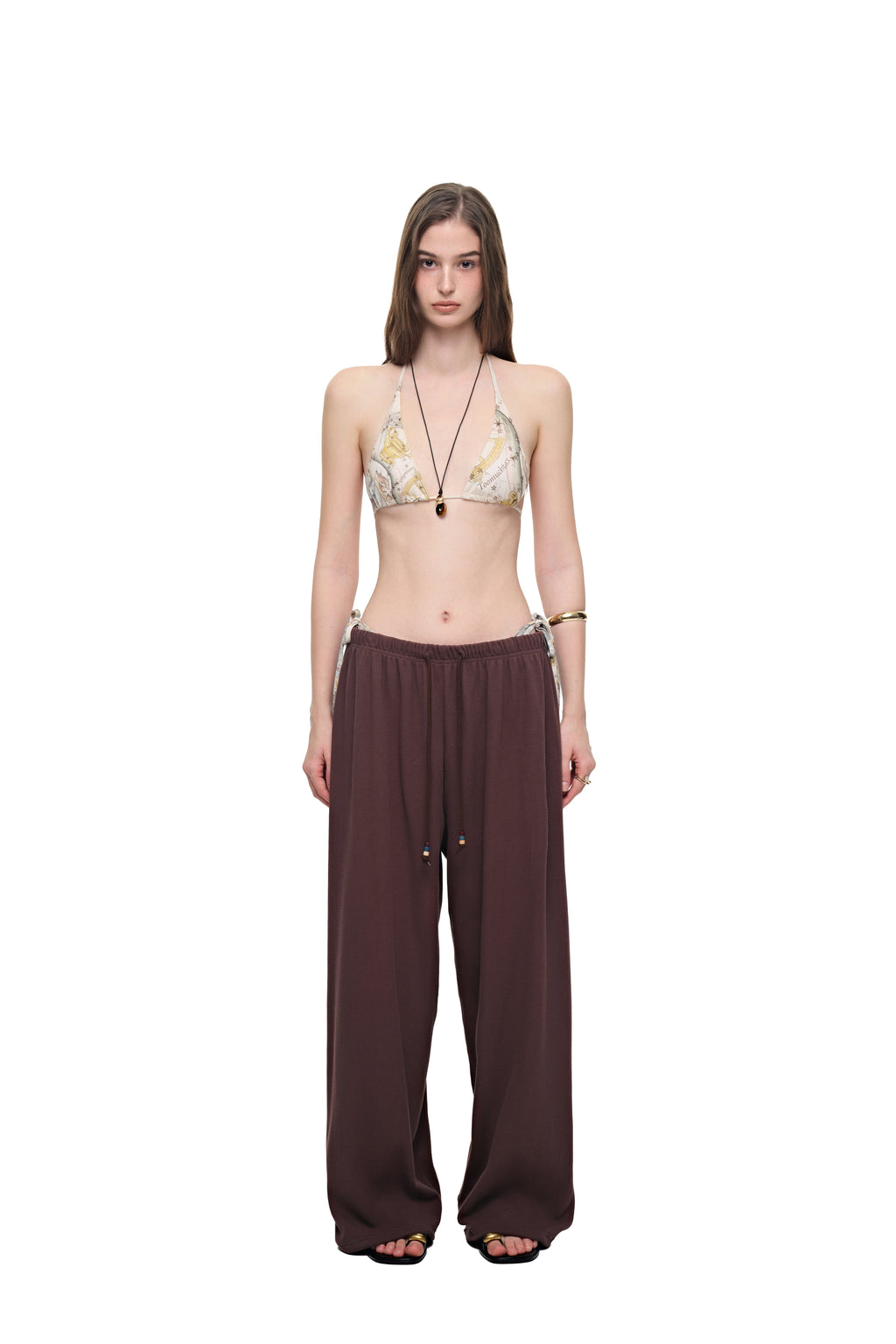 WOOD BEAD WAFFLE PANTS (BROWN)